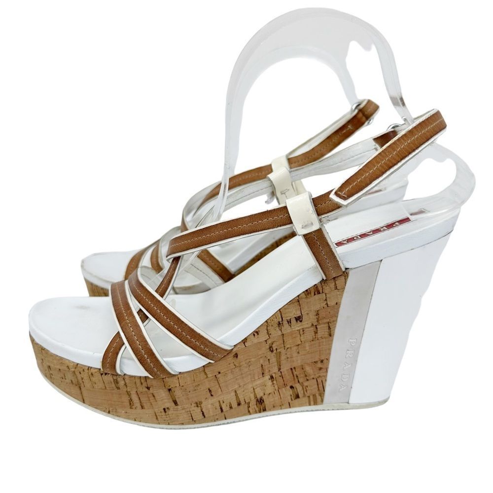 Prada Cork Platform Wedge Sandals White Tan Size 40